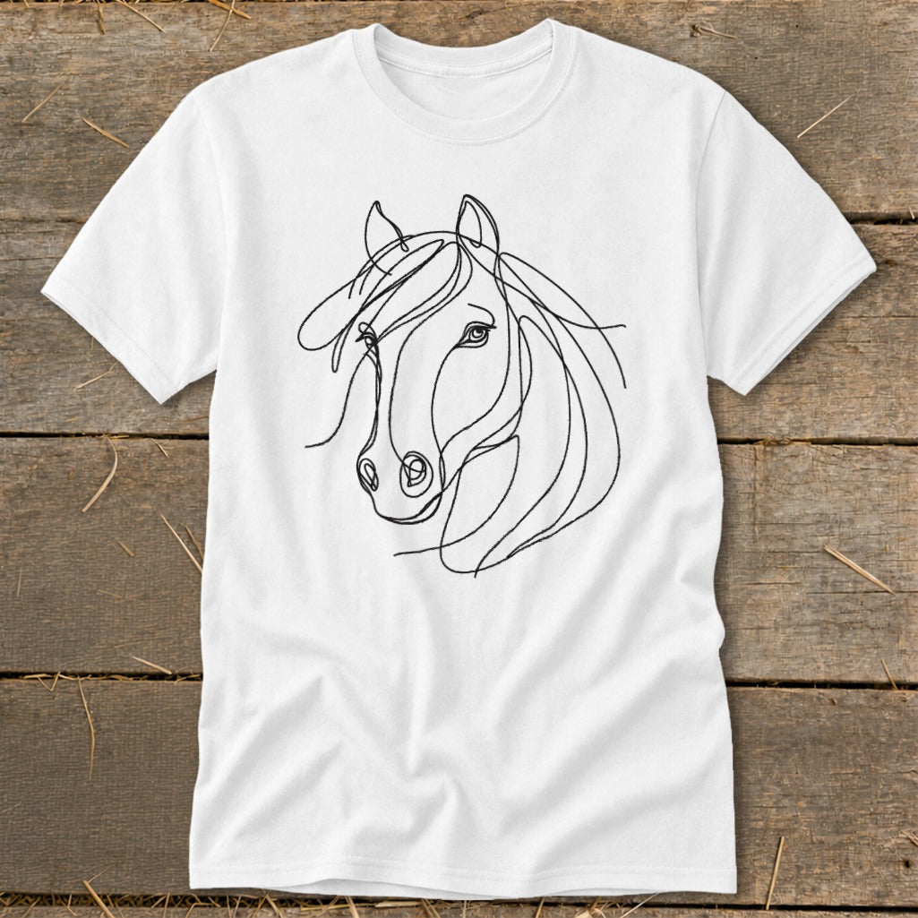 White t-shirt with a black continuous line drawing of a horse's head.