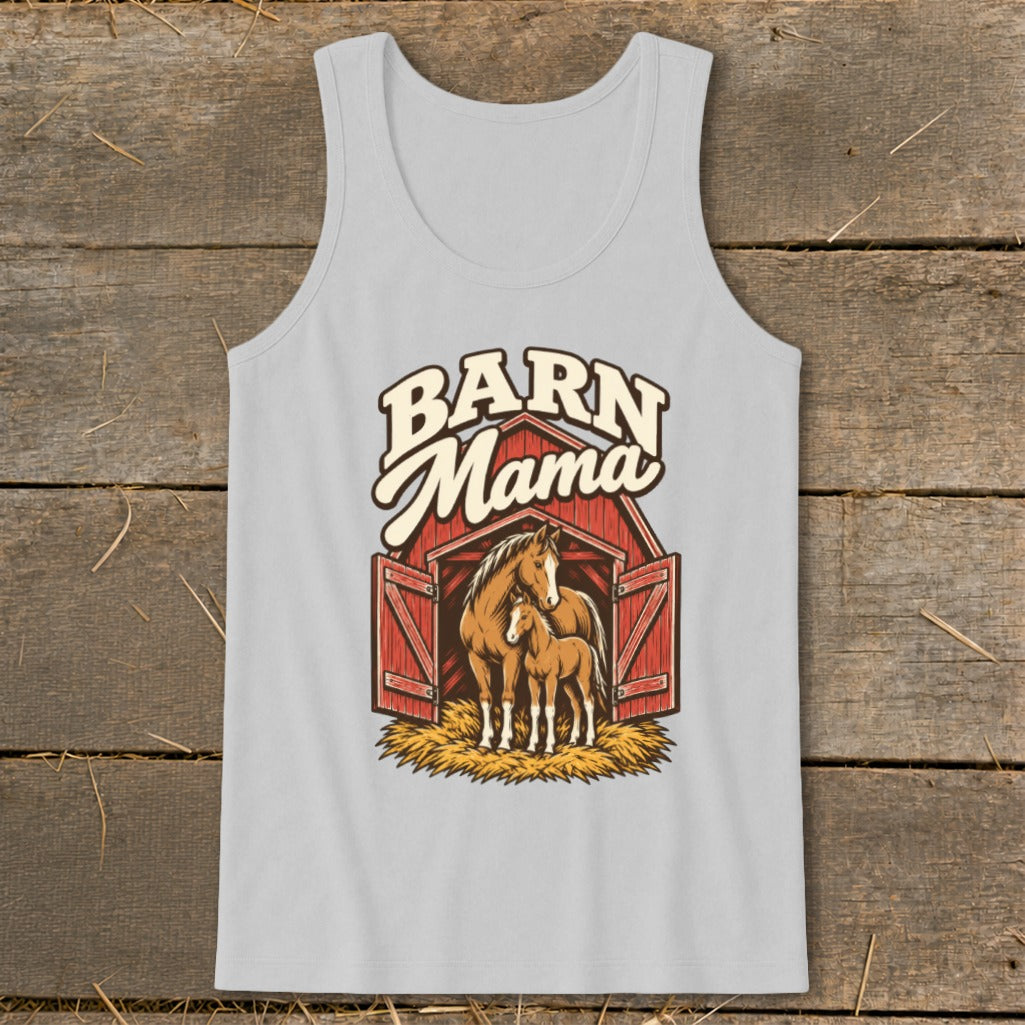 Barn Mama graphic on light gray tank top with horses in barn.