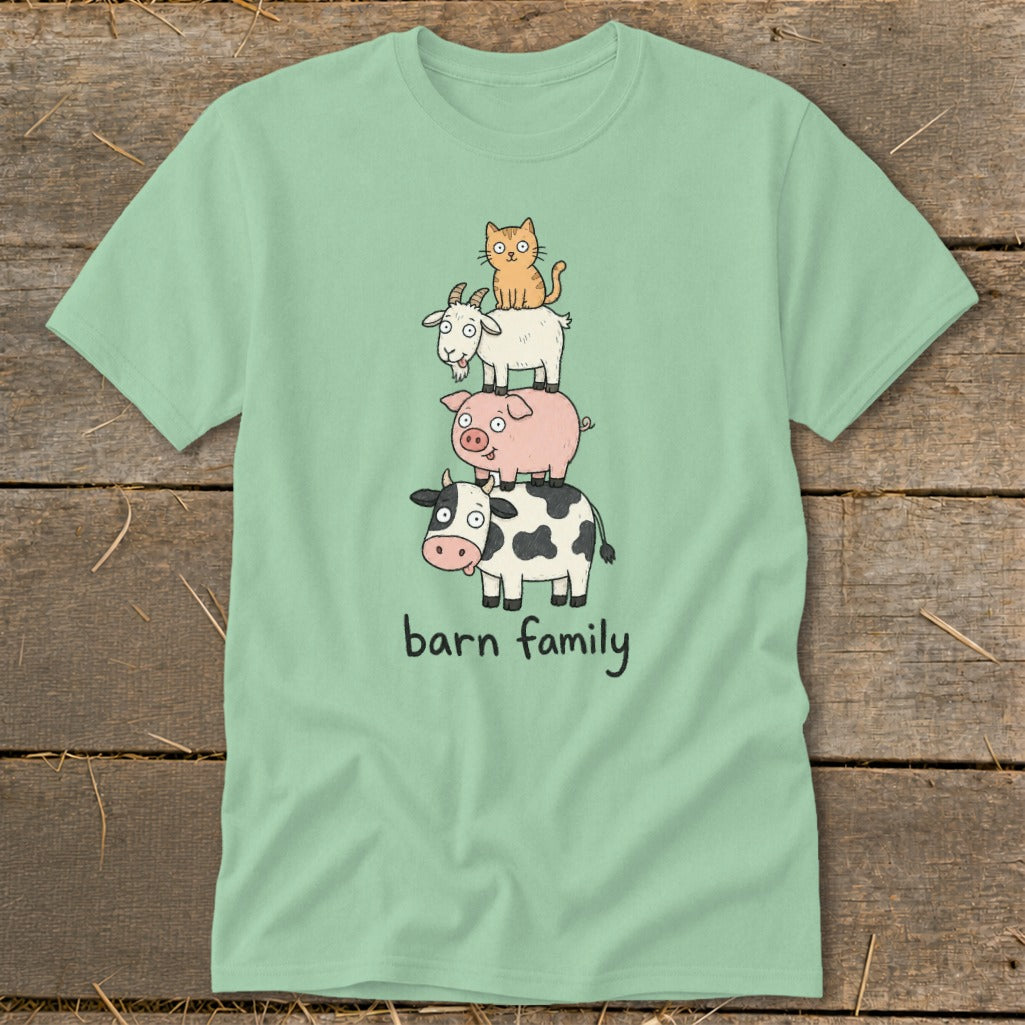 Light green t-shirt with stacked farm animals and "barn family" text.