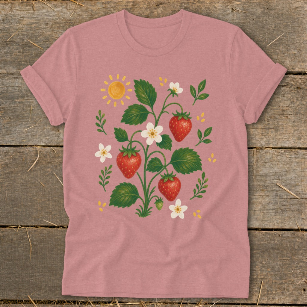 Pink t-shirt with a whimsical strawberry plant and sun graphic.