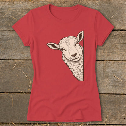 Red t-shirt with a cartoon sheep peeking from the right side.