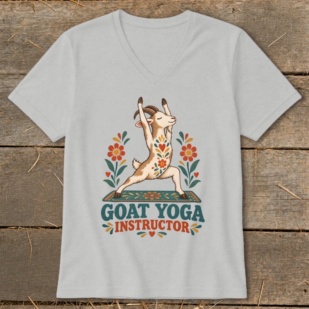 Light gray t-shirt with a goat doing yoga, floral accents, and "Goat Yoga Instructor" text.