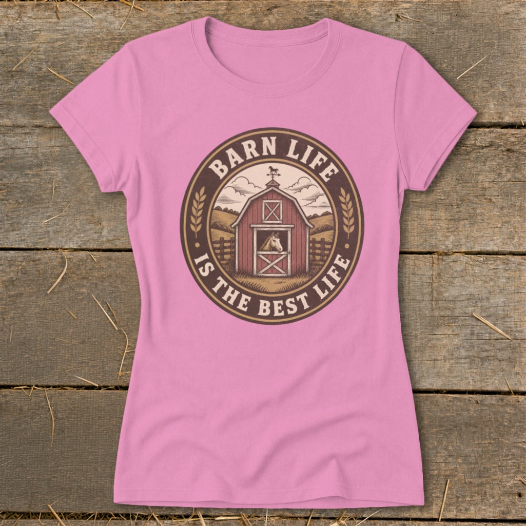 Pink t-shirt with "Barn Life Is The Best Life" graphic and horse in barn.