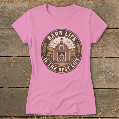Pink t-shirt with "Barn Life Is The Best Life" graphic and horse in barn.
