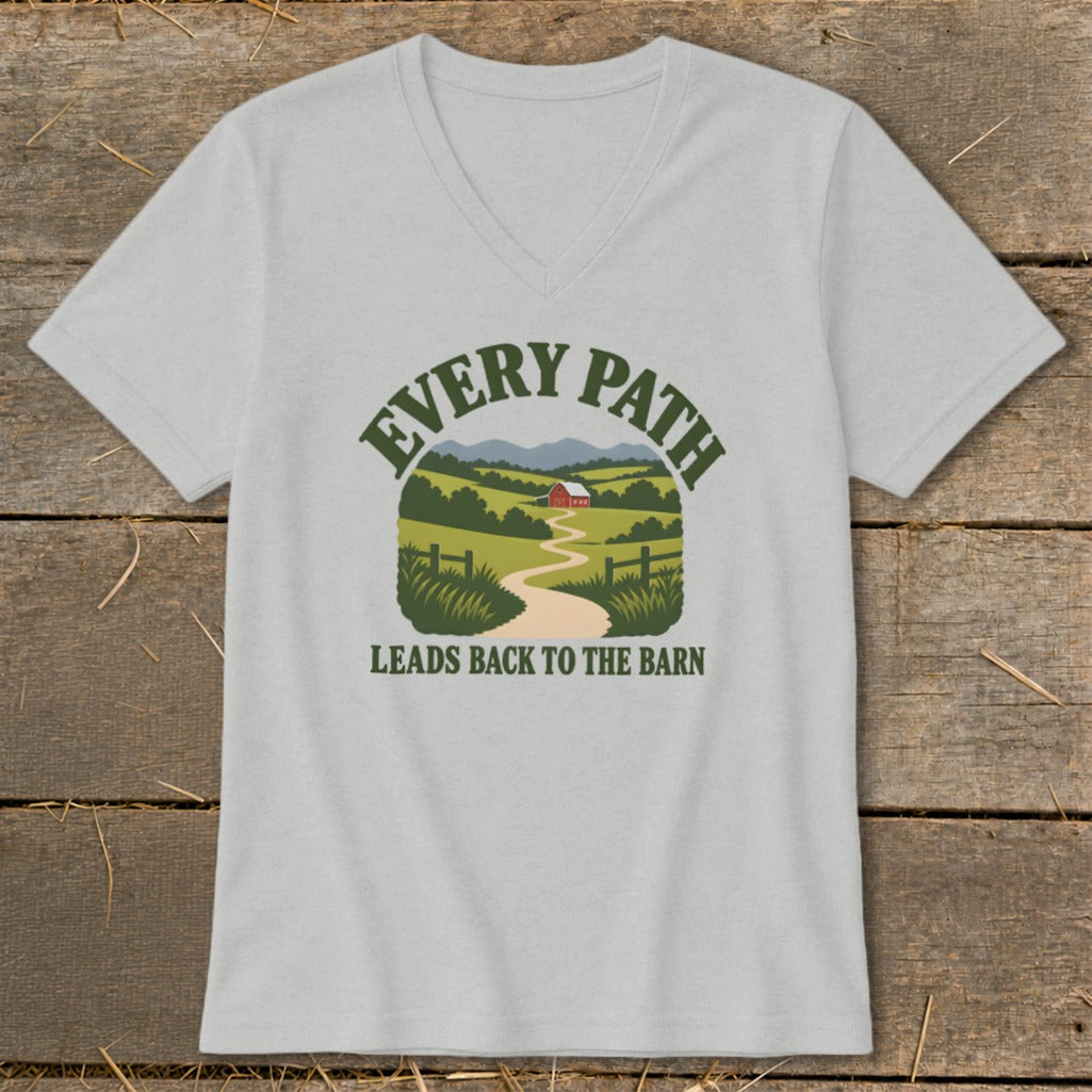 T-shirt graphic with text "EVERY PATH LEADS BACK TO THE BARN" and a barn scene.