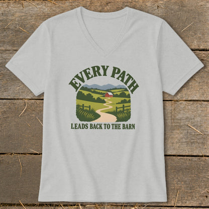 T-shirt graphic with text "EVERY PATH LEADS BACK TO THE BARN" and a barn scene.