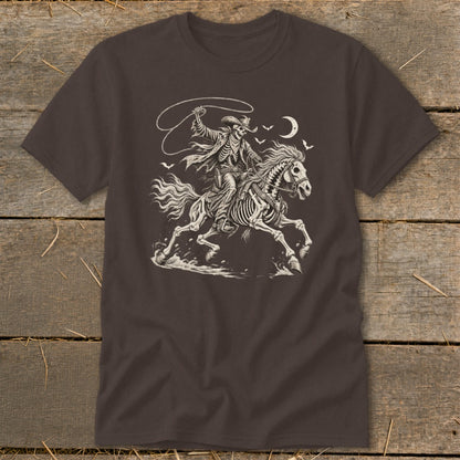 Skeleton cowboy on horseback with lasso under moon and birds.