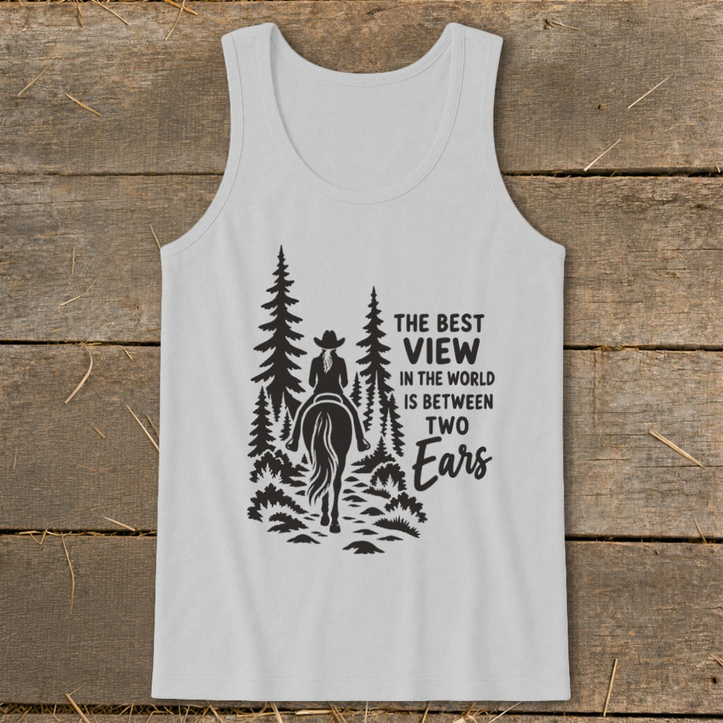 Light gray tank top featuring a black graphic of a horseback rider in the forest with text reading The Best View in the World Is Between Two Ears.