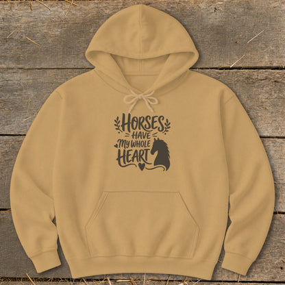 Tan hoodie with "Horses Have My Whole Heart" text and horse silhouette graphic.
