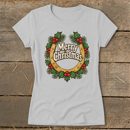 Light grey t-shirt with a horseshoe surrounded by holly and berries, reading "Merry Christmas".