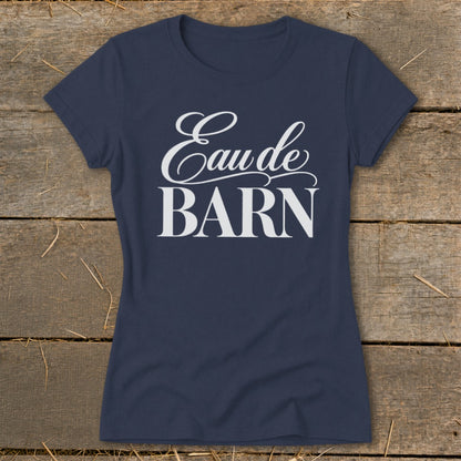 Navy t-shirt with white text "Eau de BARN"