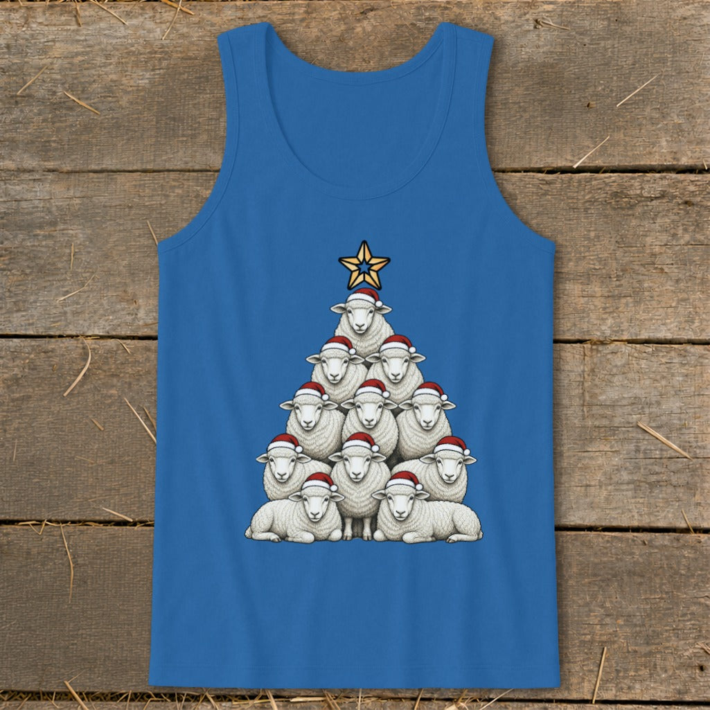 Blue tank top with sheep Christmas tree graphic wearing Santa hats.