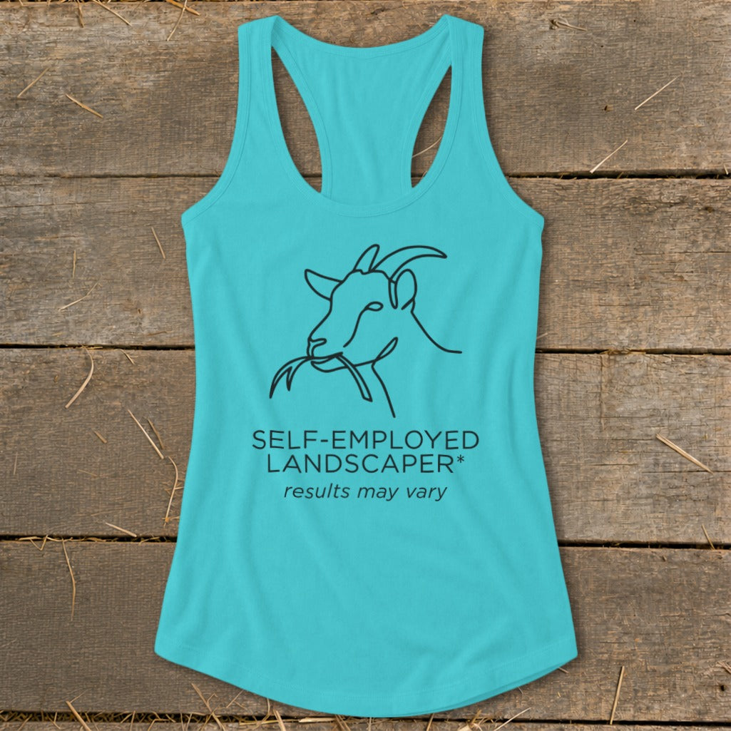 Teal tank top with a minimalist goat graphic and "Self-Employed Landscaper" text.