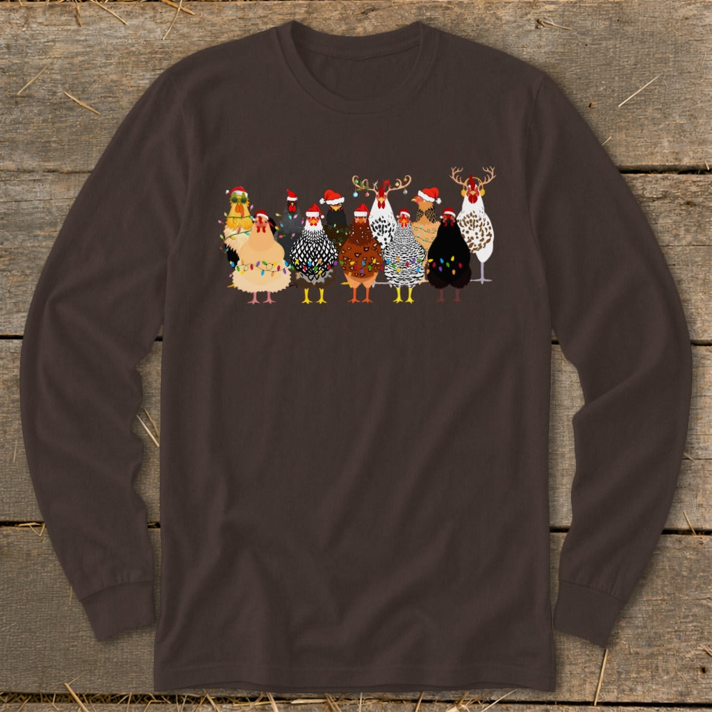 Cartoon chickens wearing Santa hats and Christmas lights across a dark brown shirt.