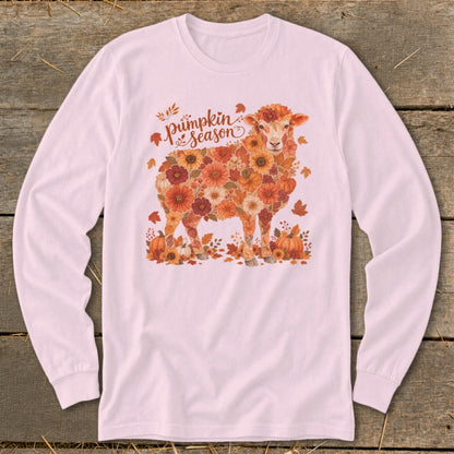 Long sleeve t-shirt with floral sheep and "Pumpkin Season" text.