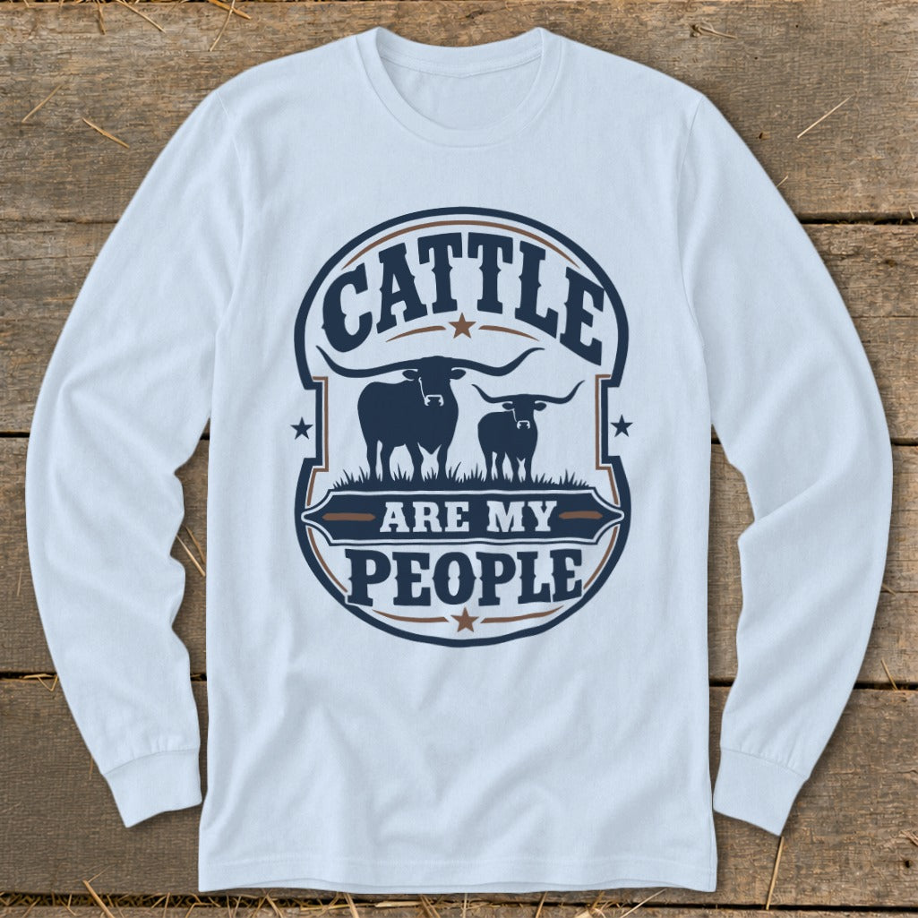 Long sleeve t-shirt with "Cattle Are My People" graphic and two cattle silhouettes.