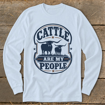 Long sleeve t-shirt with "Cattle Are My People" graphic and two cattle silhouettes.