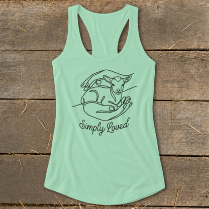 Mint green tank top with line art of hands holding a lamb and "Simply Loved" text.
