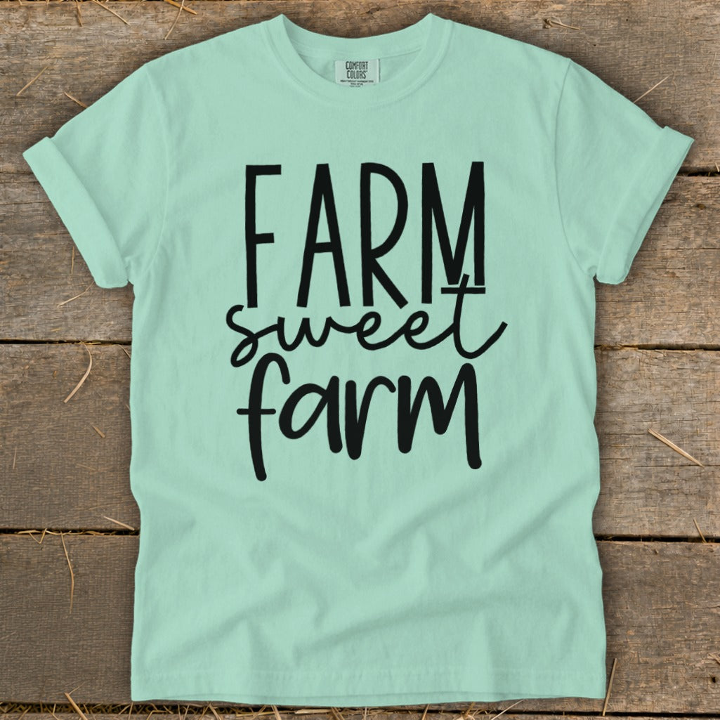 Mint t-shirt with black text reading "FARM sweet farm."