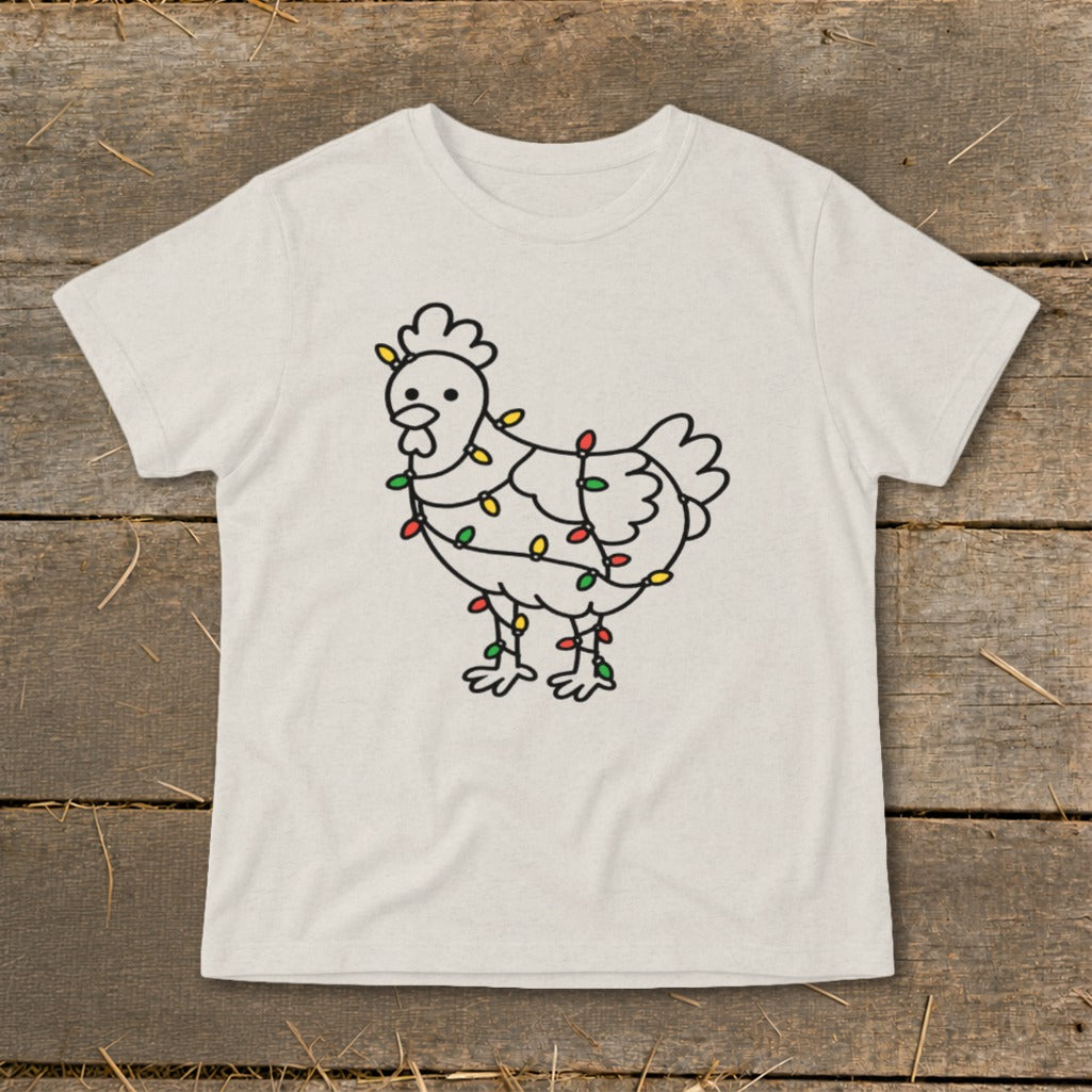 Chicken wrapped in colorful Christmas lights graphic on a cream t-shirt.
