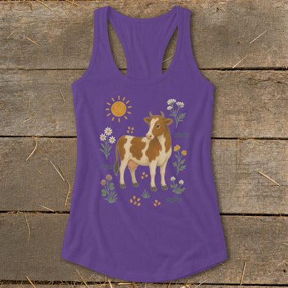 Purple tank top with a brown and white cow and floral design.