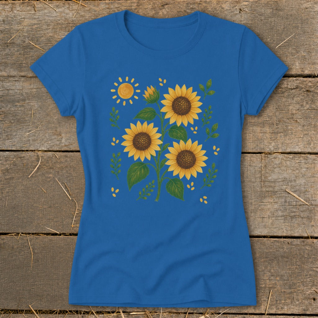 Blue t-shirt with a graphic of sunflowers and a small sun.