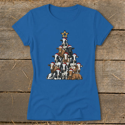 Blue t-shirt with a Christmas tree made of cows wearing Santa hats, topped with a star.