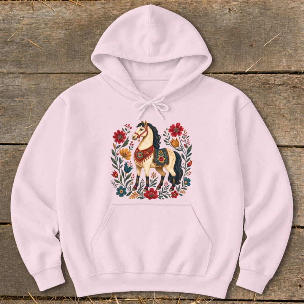 Light pink hoodie with a decorative horse and floral design.