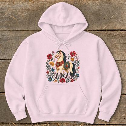Light pink hoodie with a decorative horse and floral design.