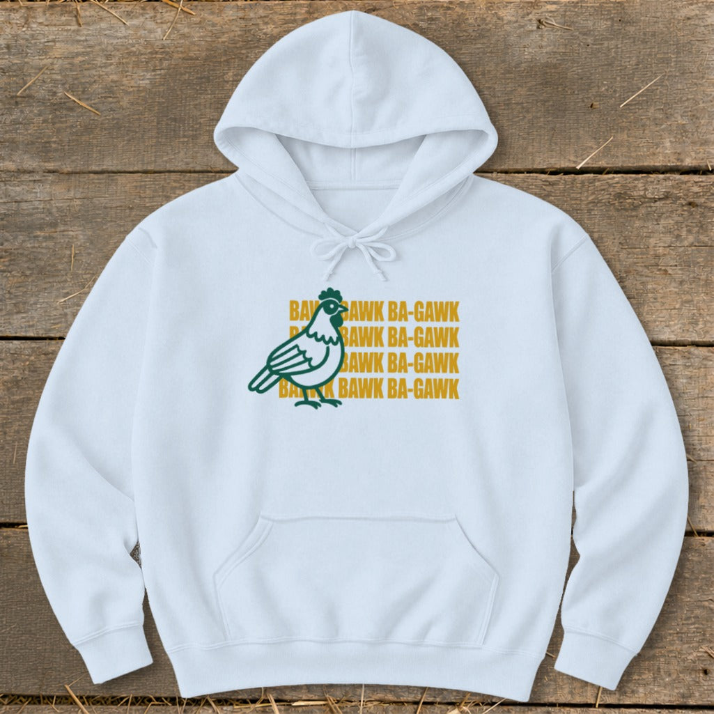 White hoodie with a green chicken graphic and yellow "BAWK BA-GAWK" text.