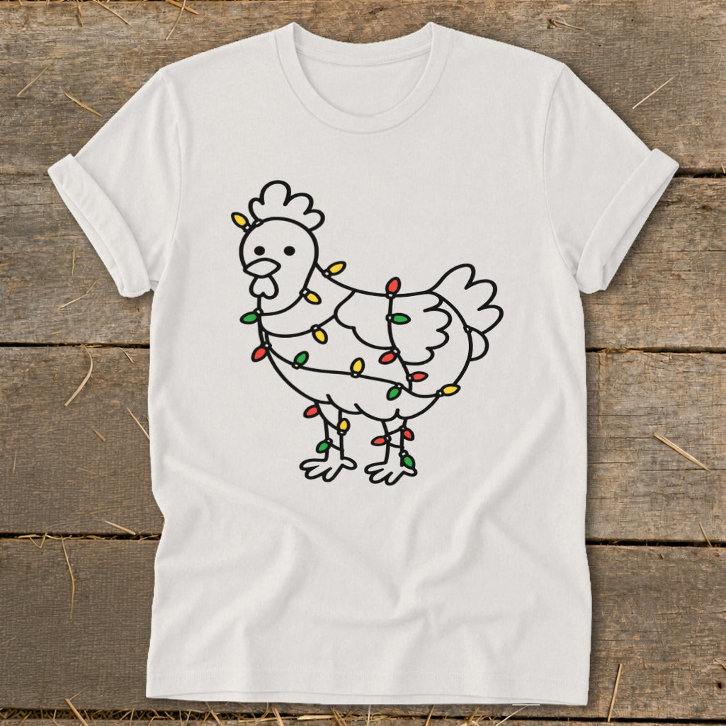 White t-shirt with a line drawing of a chicken wrapped in Christmas lights.
