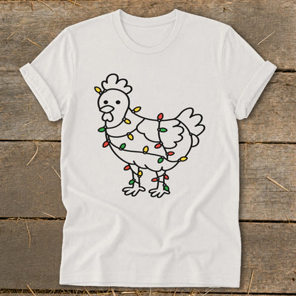 White t-shirt with a line drawing of a chicken wrapped in Christmas lights.