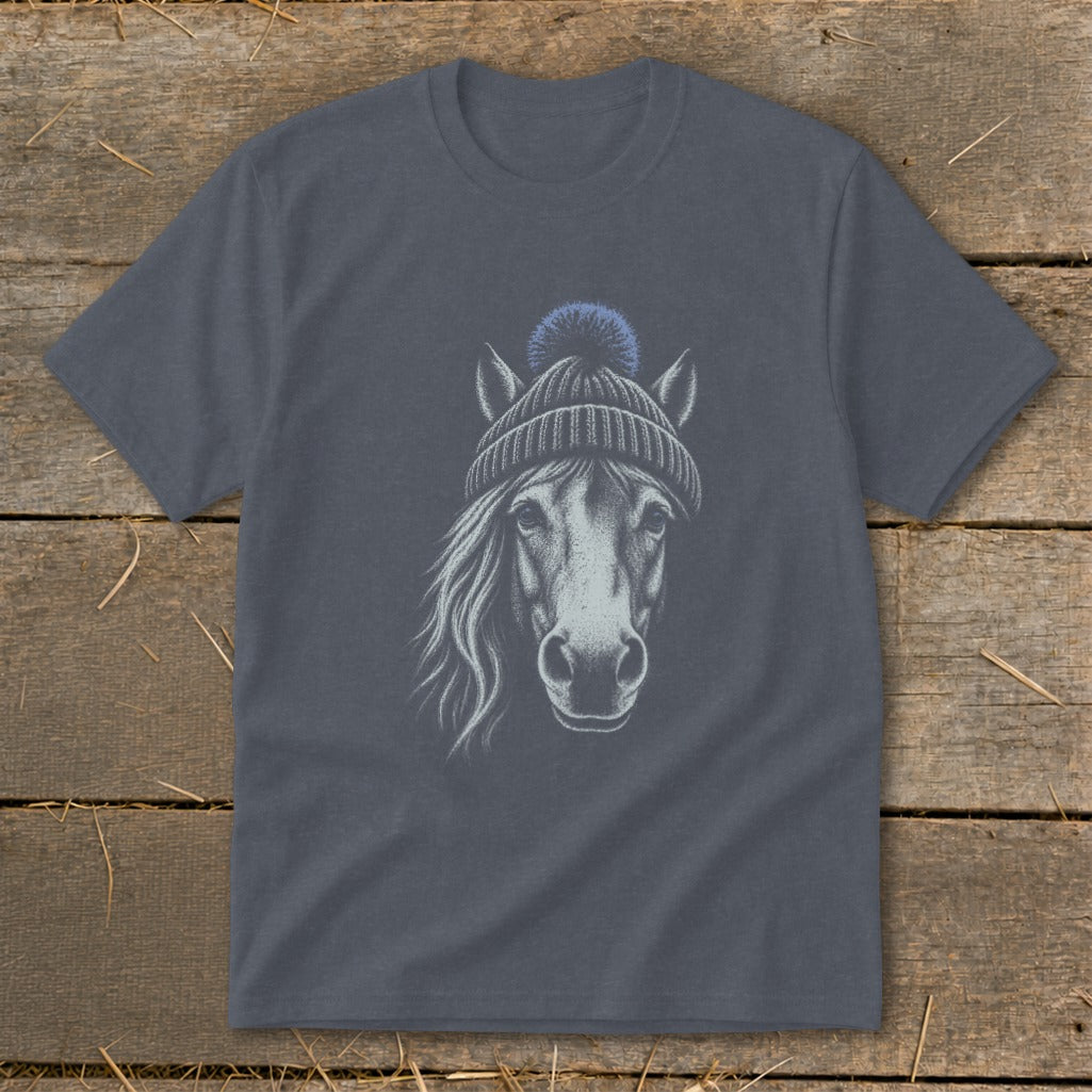 Charcoal t-shirt featuring a sketch of a white horse wearing a blue pom-pom beanie.