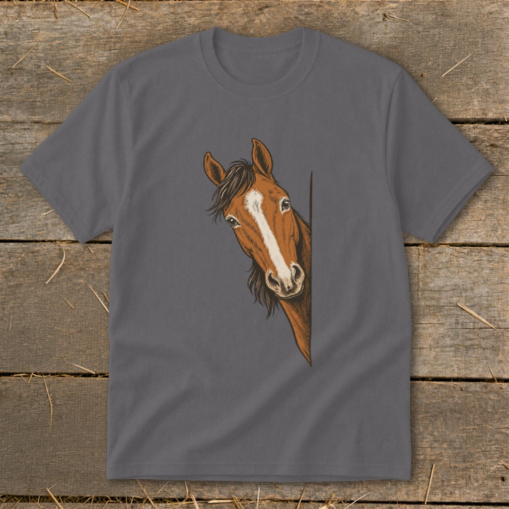 Brown horse peeking from the side on a grey t-shirt.