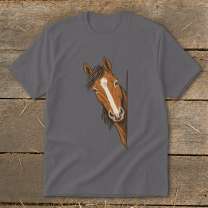 Brown horse peeking from the side on a grey t-shirt.