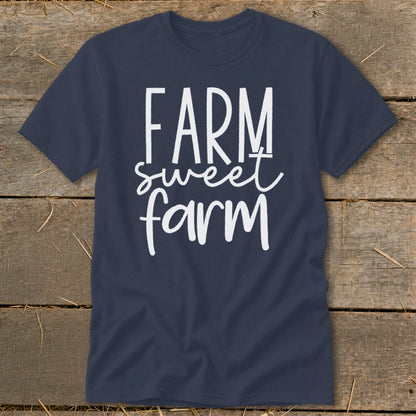 Navy t-shirt with white "FARM sweet farm" text in playful fonts.