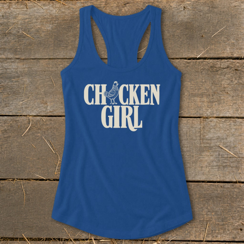 Blue tank top with "CHICKEN GIRL" text and a chicken graphic.