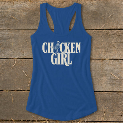 Blue tank top with "CHICKEN GIRL" text and a chicken graphic.