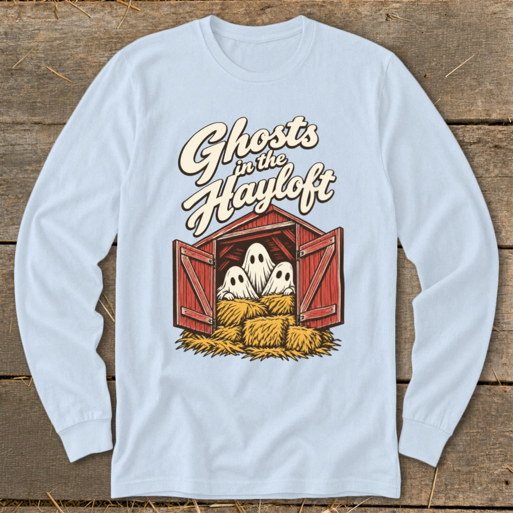 Ghosts in the Hayloft graphic on a light blue long-sleeve t-shirt.