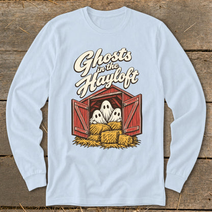 Ghosts in the Hayloft graphic on a light blue long-sleeve t-shirt.