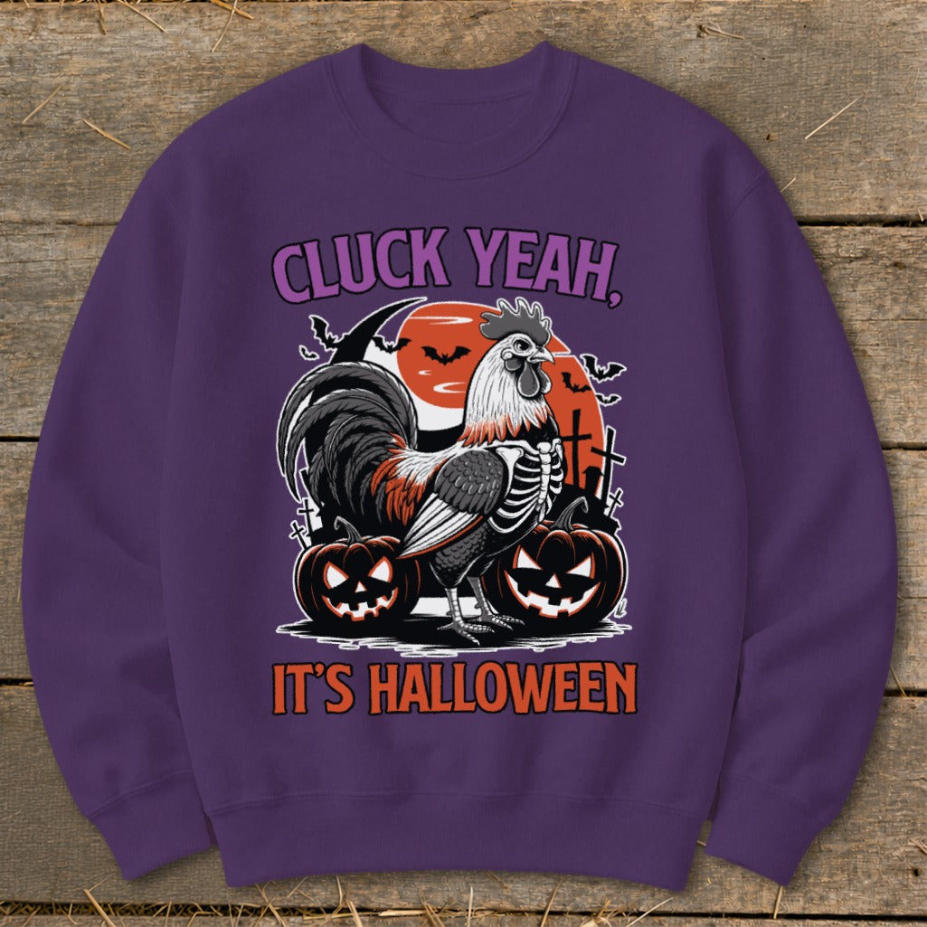 Rooster skeleton graphic with pumpkins and text "Cluck Yeah, It's Halloween".