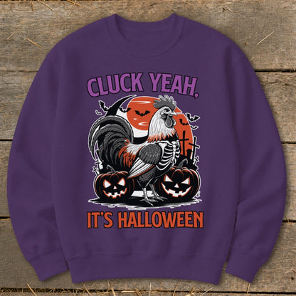 Rooster skeleton graphic with pumpkins and text "Cluck Yeah, It's Halloween".