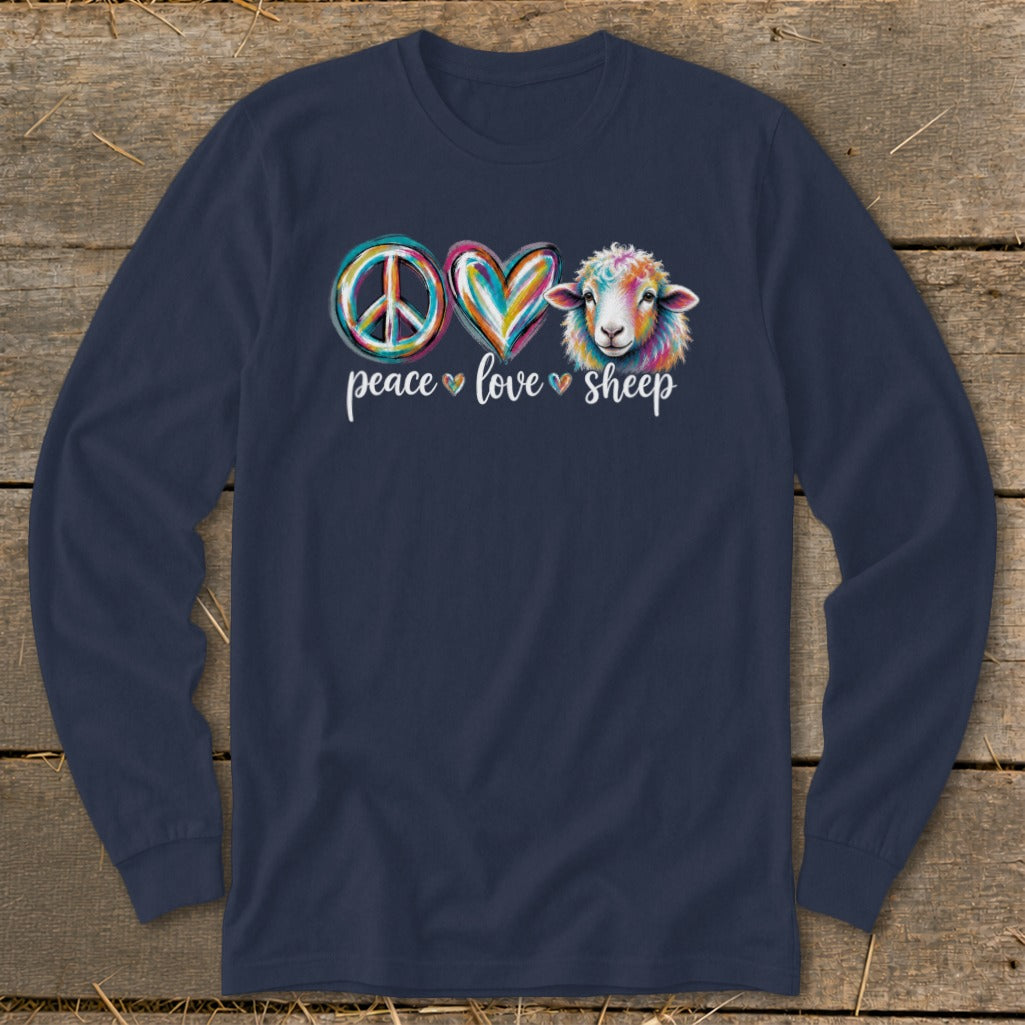 Navy long sleeve shirt with colorful peace, heart, and sheep graphic with "peace love sheep" text.