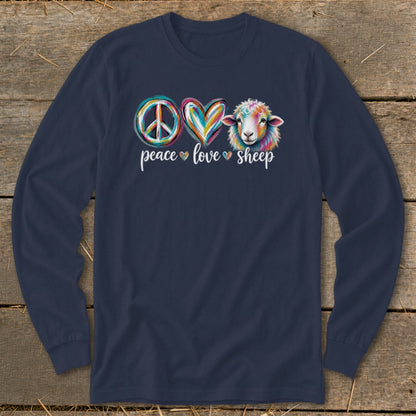 Navy long sleeve shirt with colorful peace, heart, and sheep graphic with "peace love sheep" text.