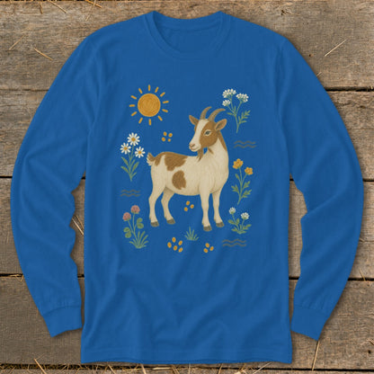 Blue long-sleeve shirt with a brown and white goat illustration surrounded by flowers and a sun.