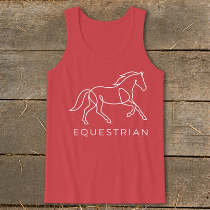 Red tank top with a white line drawing of a horse and the word EQUESTRIAN.