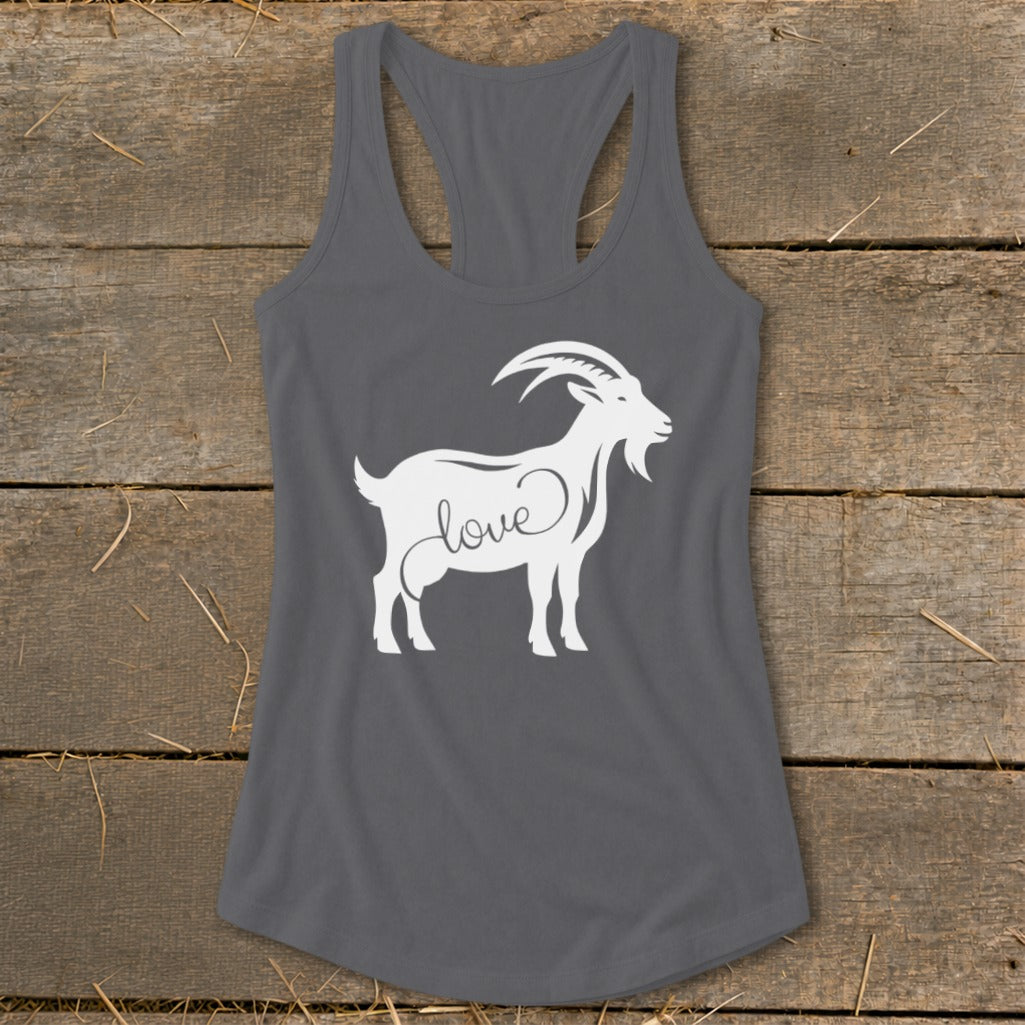Gray tank top with white goat silhouette and "love" text on front.