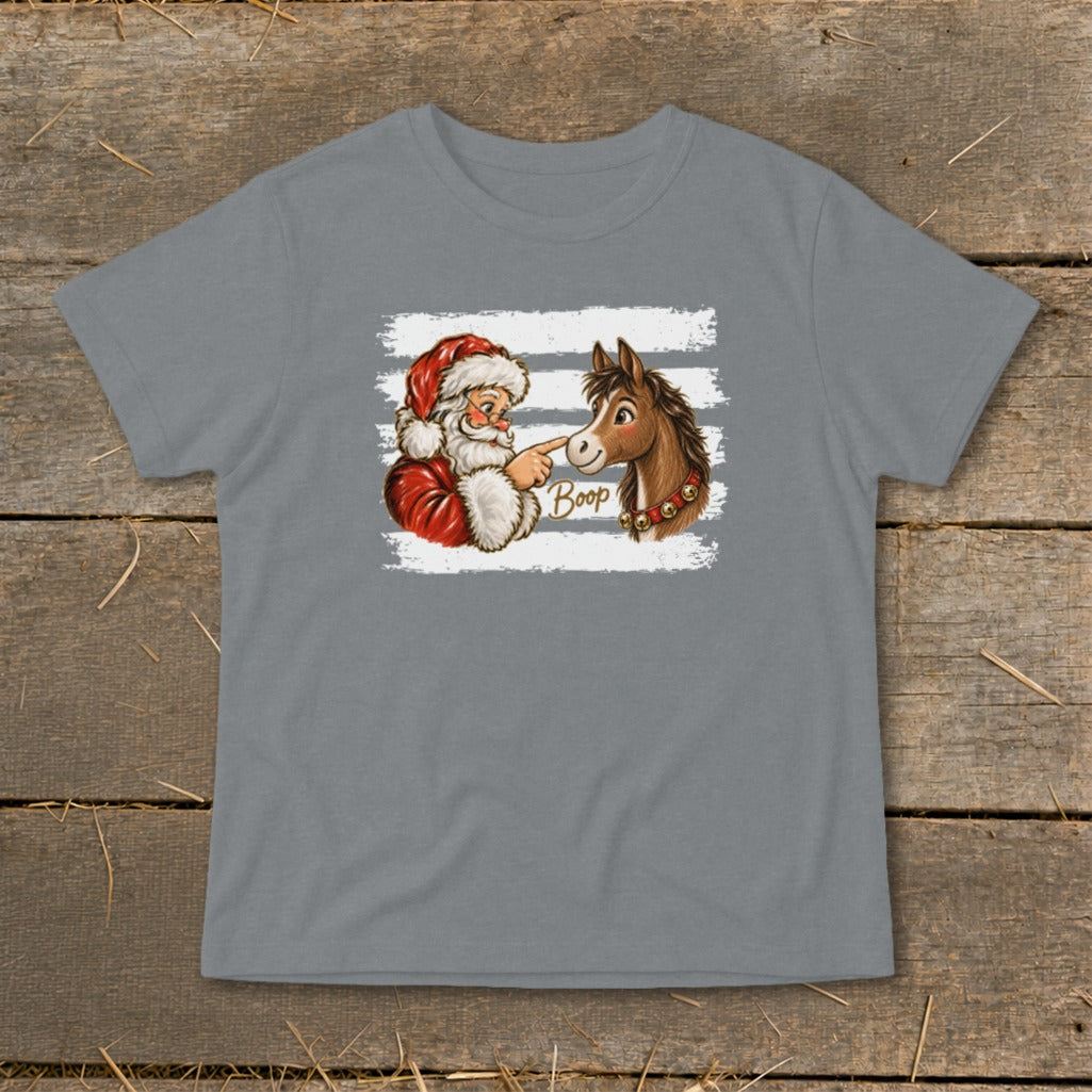 Santa Claus booping a horse's nose with the word "Boop".