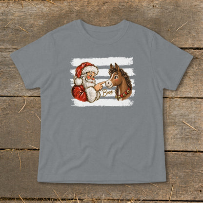 Santa Claus booping a horse's nose with the word "Boop".