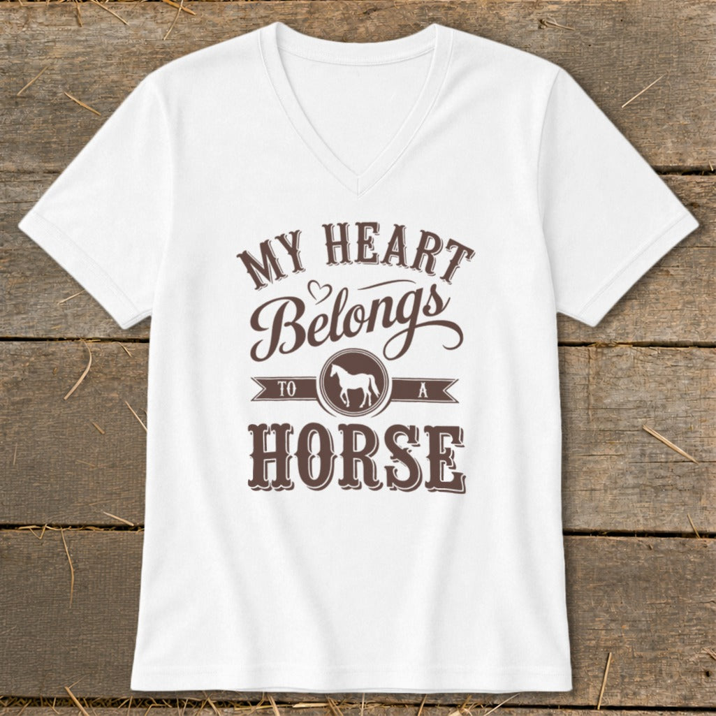 White v-neck t-shirt with brown text reading "My Heart Belongs to a Horse" and a horse silhouette.